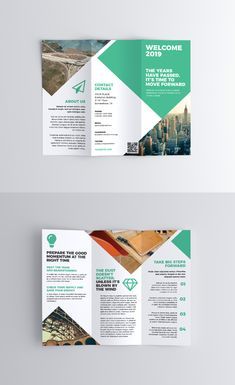 two fold brochure design with green and white shapes on the front, side and back