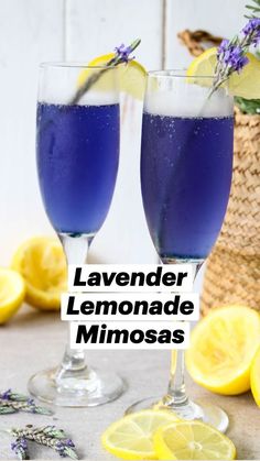 lavender lemonade mimosas in glasses with the text lavender lemonade mimosas