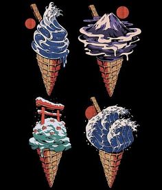 three ice cream cones with different designs on them