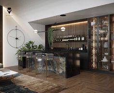 a living room filled with furniture and a bar