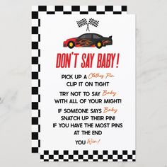 a card that says, don't say baby pick up a child's car