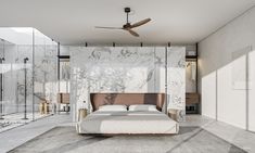 a bedroom with marble walls and flooring is shown in this image, there are mirrors on the wall behind the bed