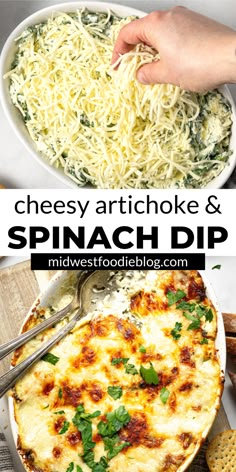 cheesey artichoke and spinach dip is an easy appetizer that's ready in less than 30 minutes