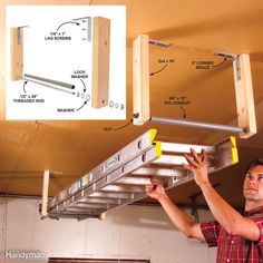 a man working on a metal ladder in a garage with instructions to install the brackets