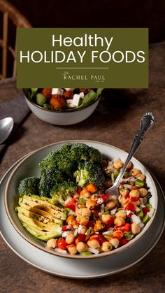 healthy holiday foods with broccoli and chickpeas in a bowl on a table