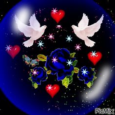 two white doves flying in the air with hearts and stars around them on a black background