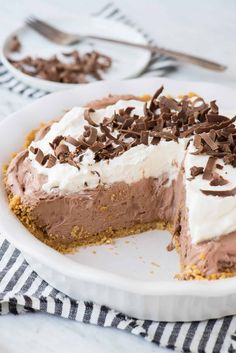 a slice of chocolate pie on a white plate