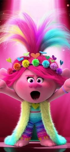 an animated character with pink hair and bright colors