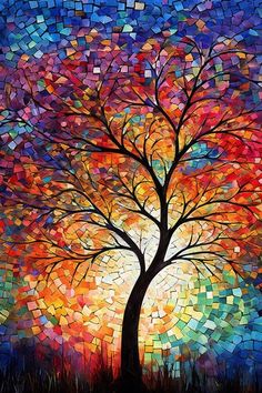 a painting of a tree with colorful tiles on it