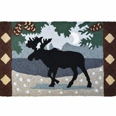 a moose rug is shown in front of a white background with trees and snowflakes