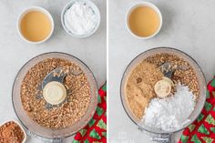 two pictures showing the same food processor with ingredients in it