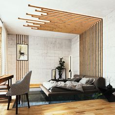 a living room filled with furniture next to a wooden ceiling mounted on the side of a wall