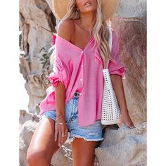 Rosy Solid Button Bat Long Sleeve Shirt Pink Button-up Top For Summer, Collared Beach Top With Button Closure, V-neck Shirt With Button Closure For Beach, Pink Button-up Summer Tops, Pink Summer Button-up Tops, Spring Beach Shirt With Button Closure, Summer Long Sleeve Shirt With Button Closure, Pink Summer Shirt With Button Closure, Pink Summer Tops With Buttons