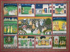 an intricately painted wall panel depicting the life of lord rama and his family in india