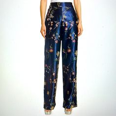 Floral Garden Embroidered Satin Pants Banded Waist Front Elasticized Waist Back Pull On Style Side Seam Pockets Blue Velvet Pants, Pants Embroidery, Purple Jumpsuit, Clothing Projects, Purple Bridesmaids, Satin Pants, Dress Fitted, Fitted Suit, Velvet Pants