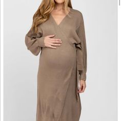 Knit Maternity Wrap Dress New Without Tags Retails For $79 One Size Fits All Maternity Wrap Dress, Maternity Midi Dress, Wrap Midi Dress, Wrap Sweater, Sweater Knit, Maternity Clothes, Waist Tie, Fitted Dress, Mocha