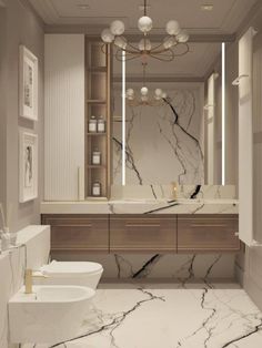 a bathroom with marble floors and walls