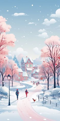 a person walking their dog in the snow near a street light and houses with pink trees