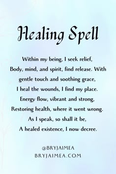 Delve into the transformative realm of magical practices aimed at promoting physical, emotional, and spiritual well-being. This enchanting exploration guides individuals on a journey to unlock the healing potential within themselves and their surroundings. Drawing from ancient wisdom and contemporary insights, the Healing Spell encapsulates rituals, incantations, and energy work designed to promote balance, alleviate stress, and foster inner harmony. Healing Spell Chant, Spells For Balance, Witch Healing Spell, Good Energy Spell, Self Healing Rituals, Spell For Emotional Healing, Mental Healing Spell, Physical Healing Spells, Detachment Spells