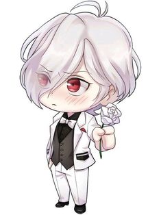 an anime character with white hair holding a flower in his hand and wearing a suit