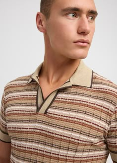 Jacquard Stripe Knit Polo Camel - Calibre Menswear Polo For Men, Polo Shirt Style, Knitwear Inspiration, Warm Colours, Knitted Polo, Tuxedo Pants, Mens Outfit Inspiration, Neutral Shades, Guess Men