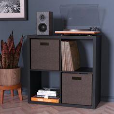 a record player sitting on top of a wooden shelf next to a potted plant