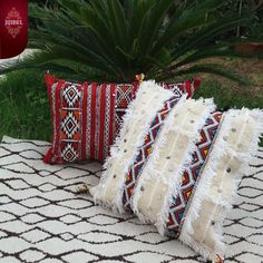 three decorative pillows sitting on top of a rug next to a plant and potted plant