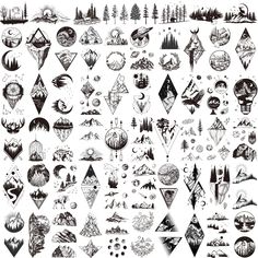 a large collection of different tattoo designs on white paper, including mountains and trees in the background