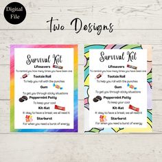 two designs survival kit for kids with candy bar and peppermint patties on it