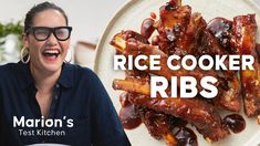 a woman laughing next to a plate of ribs with the words rice cooker ribs