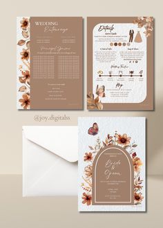 the wedding stationery is shown with flowers and leaves