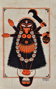 Tantrika Art, Hinduism Art Illustrations, Hindu Illustration, Kali Art Goddesses, Kali Art, Bengali Folk Art, Kali Illustration, Phad Painting, Bengali Art