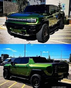 the green truck is parked in the parking lot