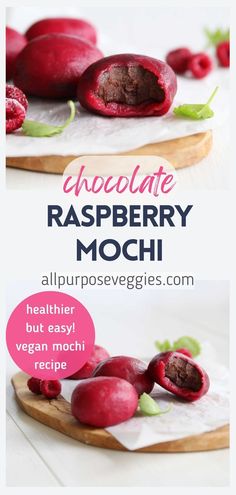 chocolate raspberry mochi recipe on a cutting board with the title above it