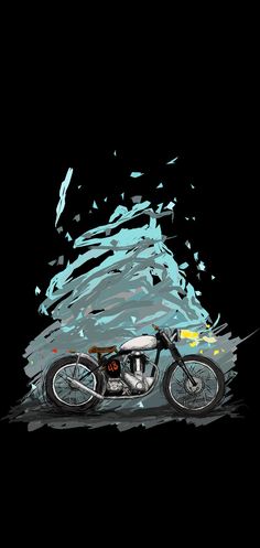 a painting of a motorcycle in front of a black background with blue and yellow paint splatters