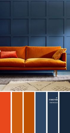 an orange and blue living room with color swatches