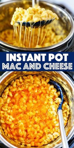 instant pot macaroni and cheese is being stirred with a ladle