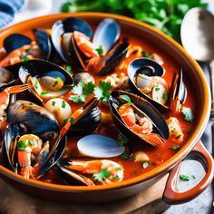 a bowl of seafood soup with clams and parsley in it on a wooden board