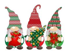 three gnomes with christmas hats holding presents