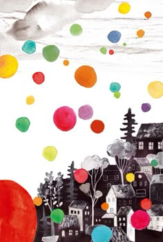 an image of colorful balloons flying in the air above houses and trees on a cloudy day