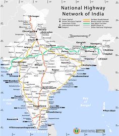 a map showing the route of india and its major roads, with yellow line indicating where to go