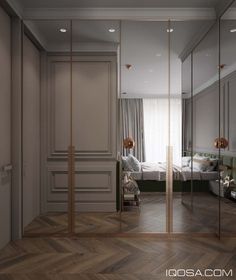 an empty bedroom with mirrored walls and wooden flooring is pictured in this rendering image