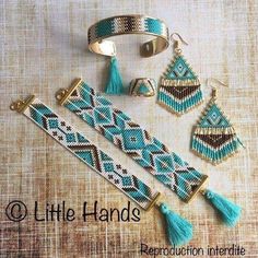 bracelets, earrings and rings are sitting on a tablecloth with the words little hands written above them