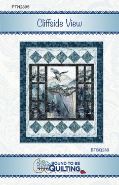 an image of a quilted wall hanging on the side of a building with birds flying over it