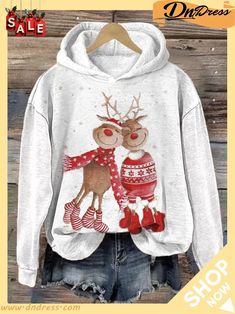 Women's Christmas Deer Print Hooded Sweatshirt Casual Christmas Hoodie With Crew Neck, Casual Christmas Hooded Hoodie, Casual Christmas Hoodie, Cozy Fit Winter Hoodie Tops, Casual Long Sleeve Hoodie For Holiday, Casual Long Sleeve Holiday Hoodie, Cozy Hooded Winter Tops, Casual Christmas Hoodie Top, Holiday Long Sleeve Hoodie For Fall