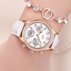 Item Type: Wristwatch Movement: Quartz Display Type: Analog Material: Stainless Steel, Hardlex, Leather Case Shape: Round Clasp Type: Buckle Water Resistance Depth: 3 Bar Case Diameter: 3.45 cm / 1.36 inch Case Thickness: 1.05 cm / 0.41 inch Band Length: 22 cm / 8.66 inch Band Width: 1.6 cm / 0.63 inch Package Dimensions: 10 x 8 x 4 cm / 3.94 x 3.15 x 1.57 inch Package Weight: 0.08 kg / 0.18 lbs Package Includes One Wristwatch Ladies Dress Watches, Golden Diamond, Diamond Girl, Watches Women Leather, Dress Luxury, Diamond Dress, Clock Gift, Watches Women, Leisure Fashion