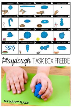 the playdough task box is shown with hands on top of it and an image of