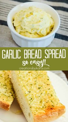 garlic bread spread on a white plate next to a bowl of mashed potato salad