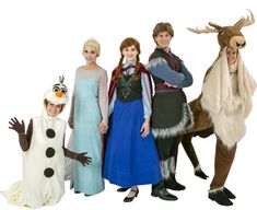 group of people in costumes posing for the camera with snowman and frozen princess characters