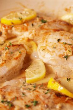 chicken with lemons and herbs in a white sauce